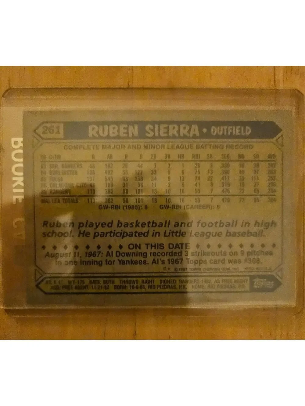 1987 Topps Ruben Sierra RC #261 Texas Rangers Rookie